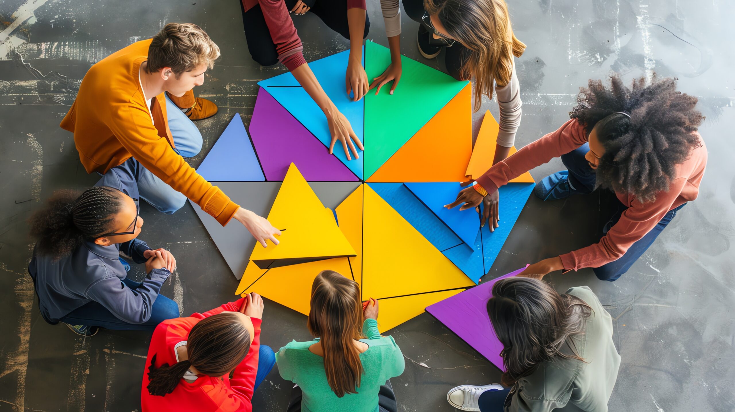 Grupo de jóvenes trabajando en equipo resolviendo un puzzle en actividad de animación sociocultural