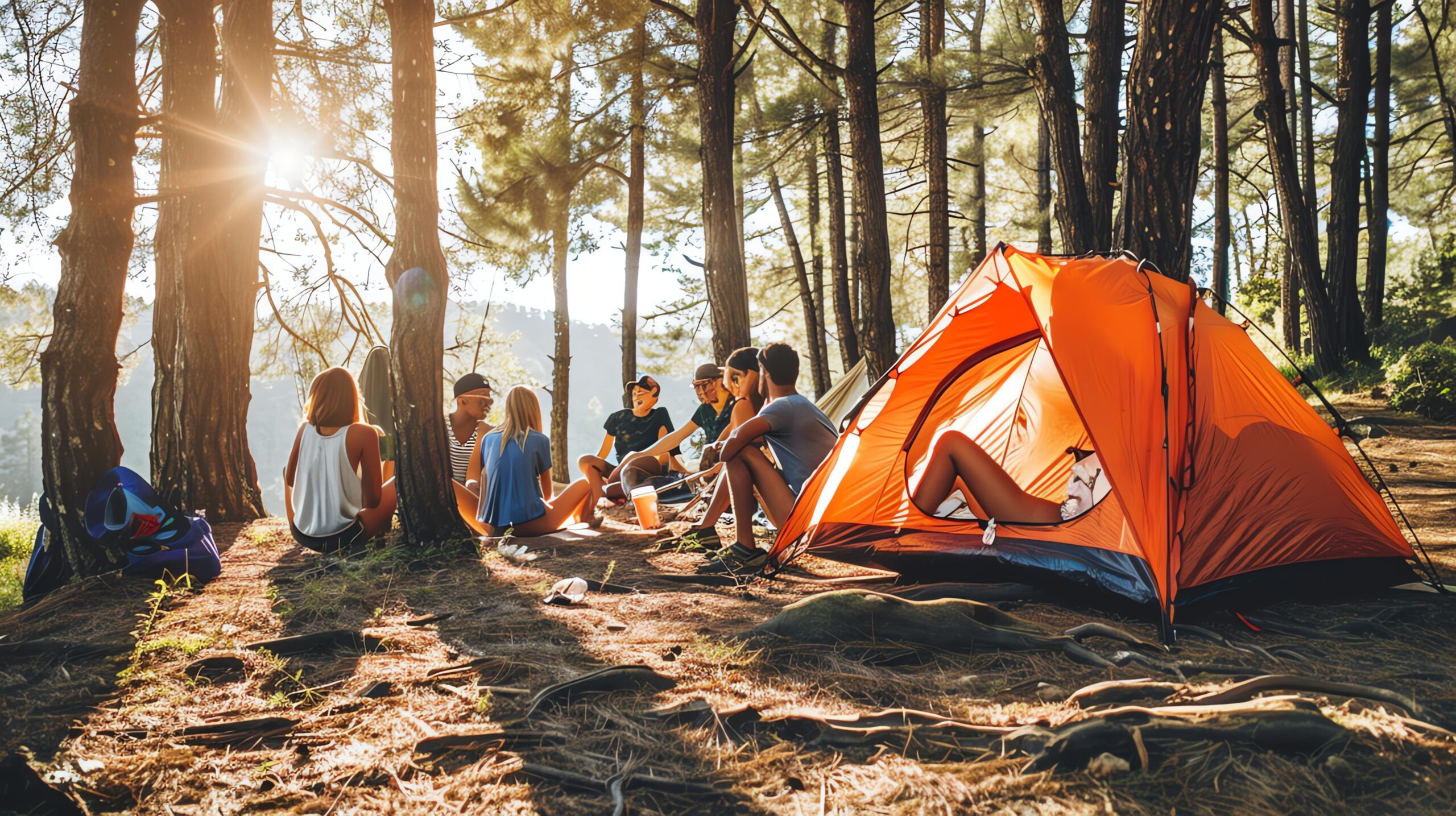 Grupo de jóvenes en campamento al aire libre reunidos junto a tienda de campaña realizando actividad de ocio educativo