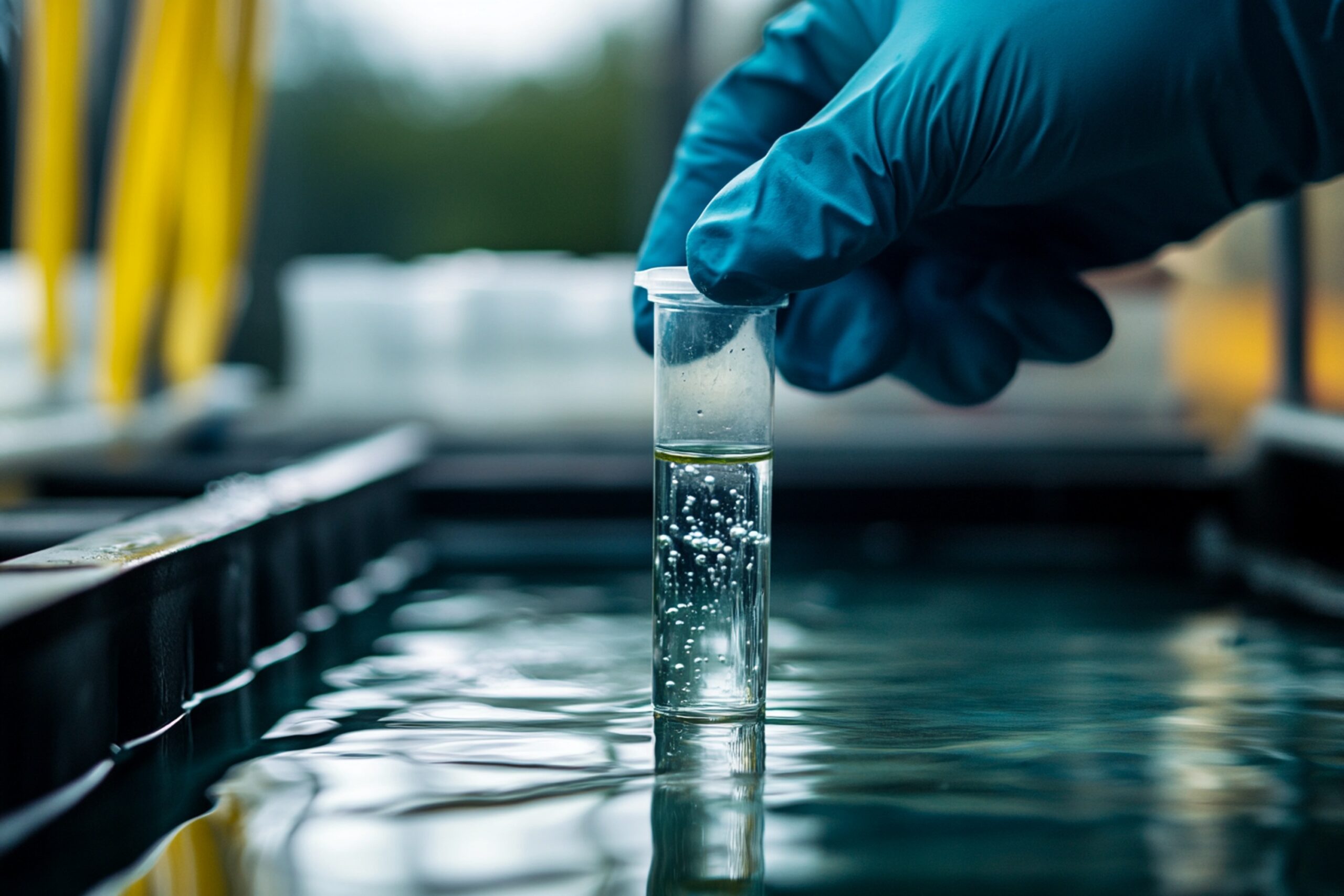 Técnico tomando muestra de agua en instalación para control de legionella