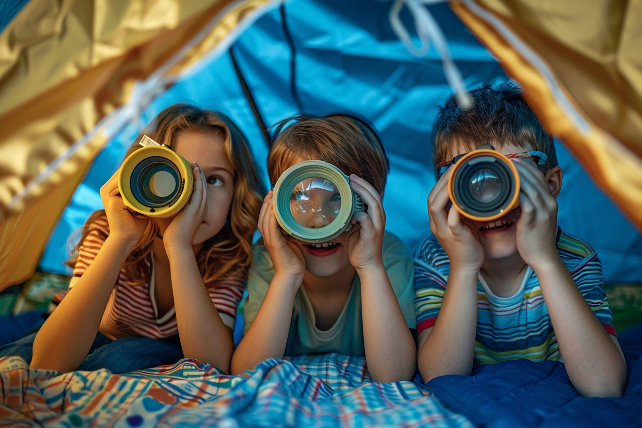 Niños jugando dentro de una tienda de campaña usando objetos como prismáticos de juguete