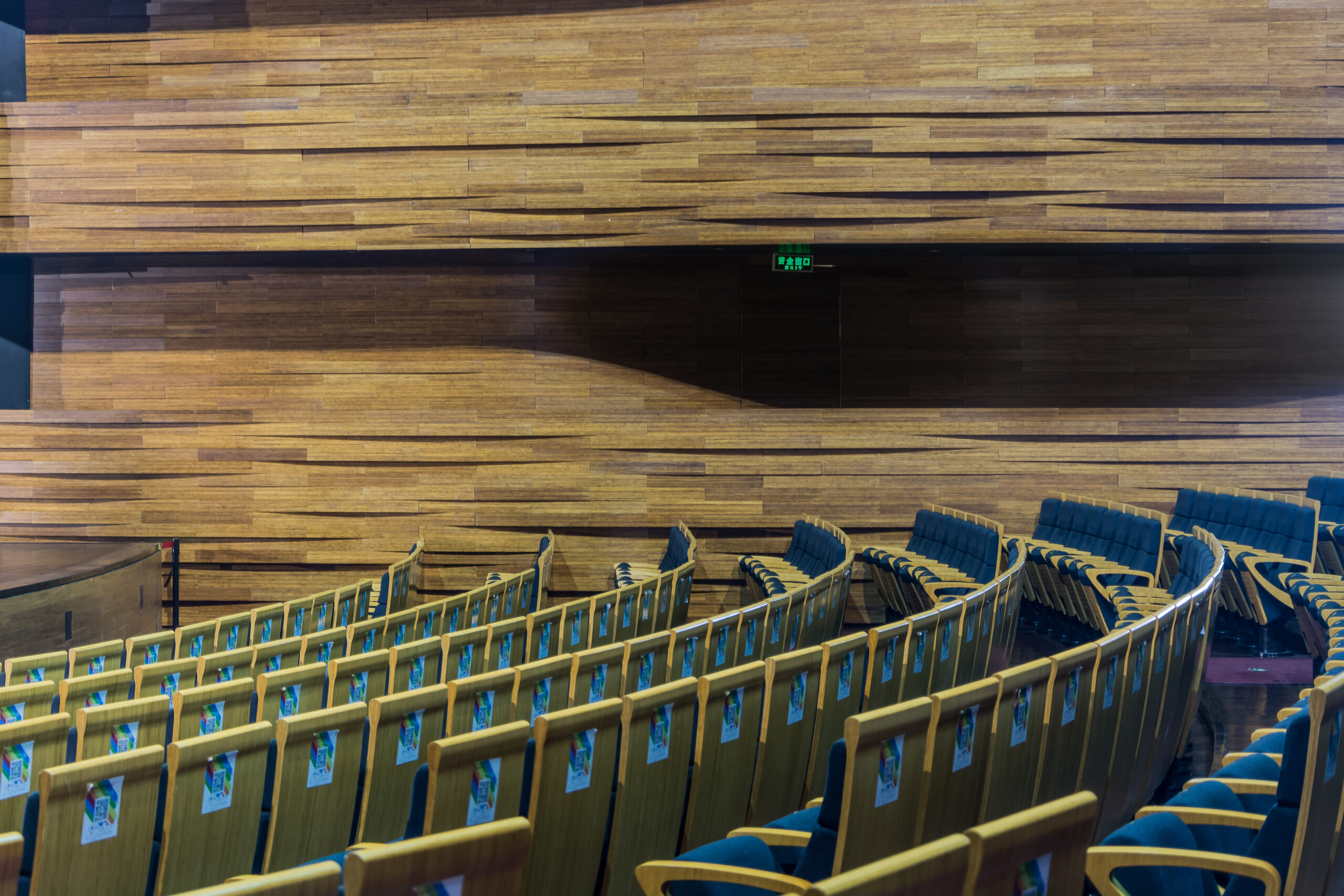 Auditorio moderno con filas de asientos y paredes de madera