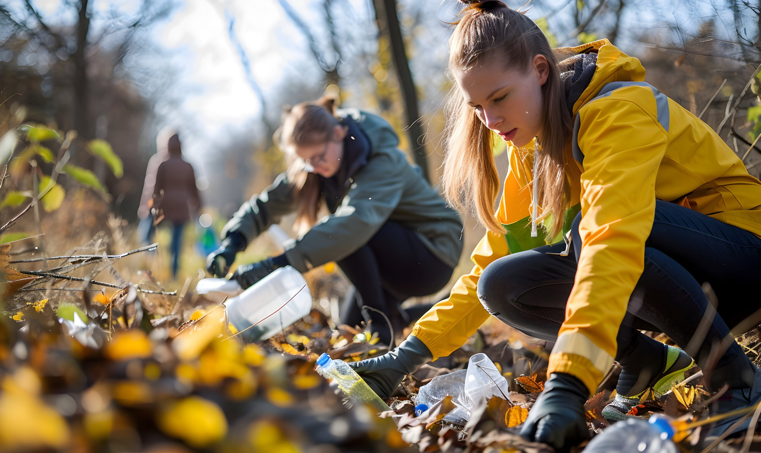 Jóvenes recogiendo basura en el bosque durante una actividad medioambiental