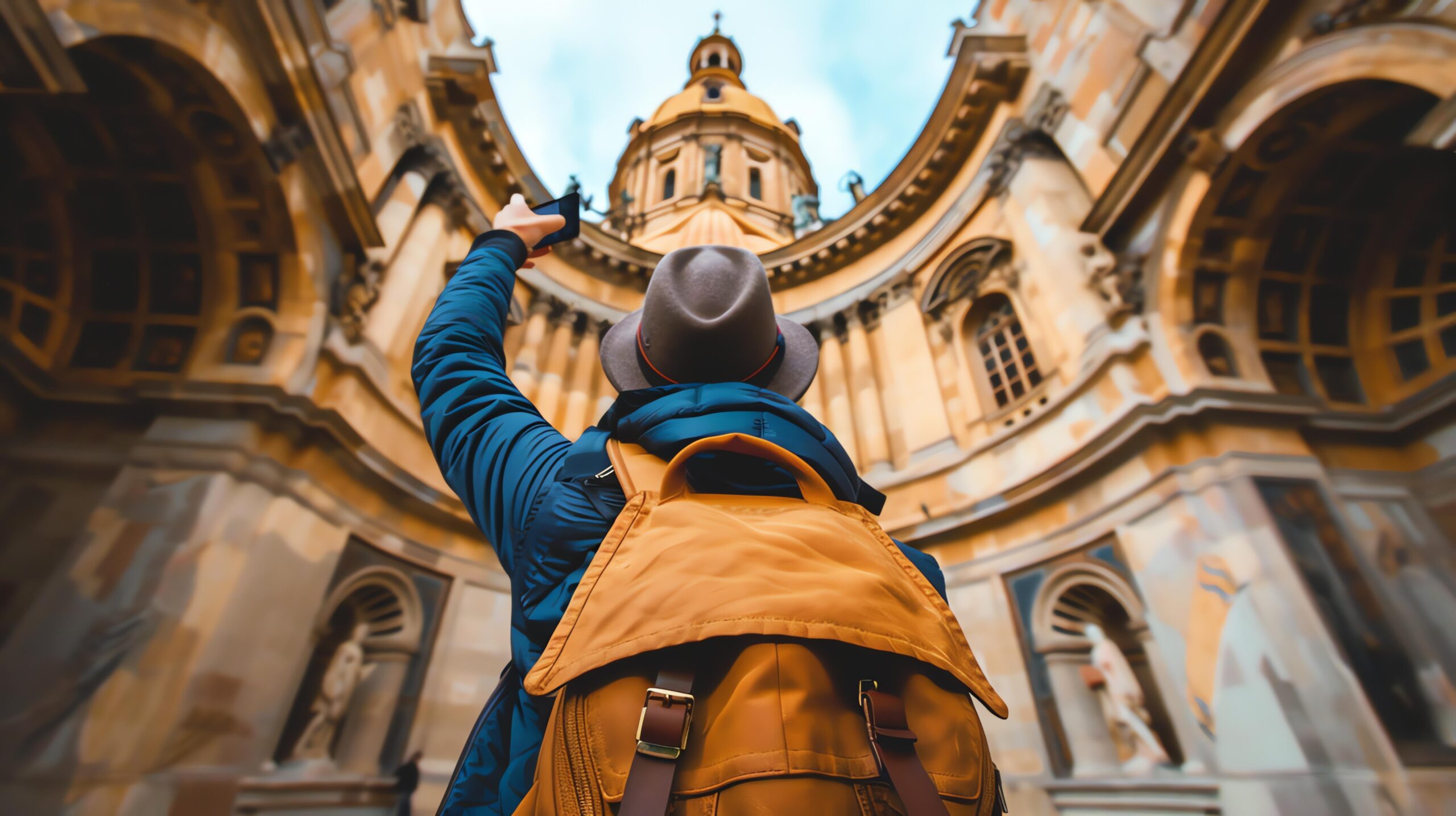 Turista con mochila fotografiando arquitectura histórica desde una perspectiva en contrapicado
