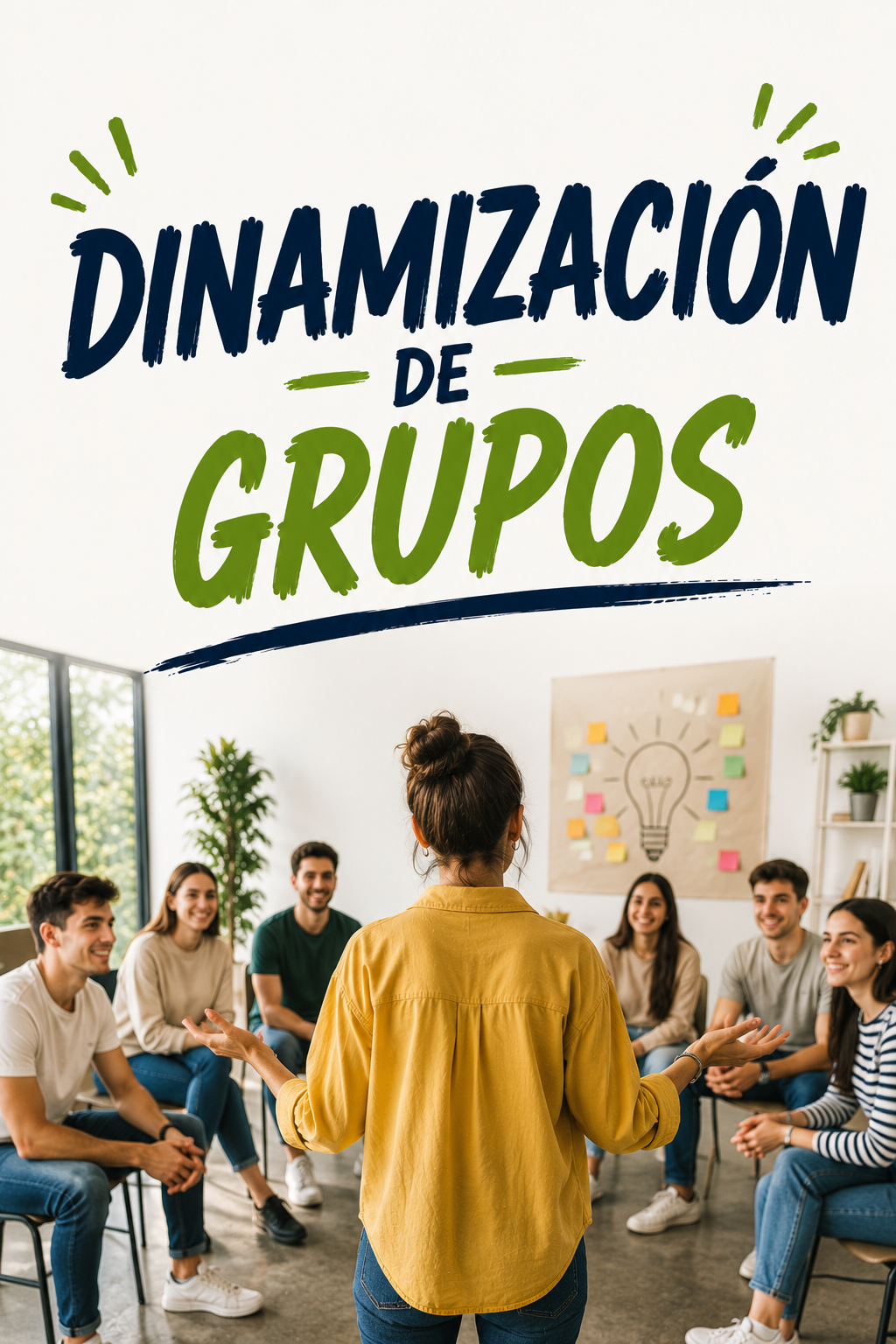 Facilitadora realizando una dinámica grupal con jóvenes en una sesión de formación sobre dinamización de grupos.