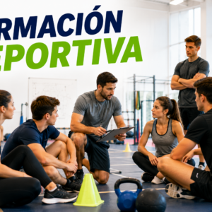 Instructor deportivo impartiendo una sesión práctica de formación deportiva a un grupo de alumnos en una instalación deportiva.