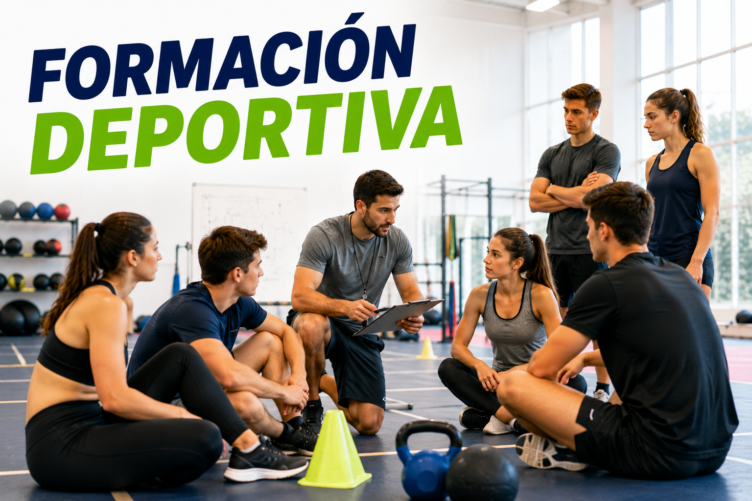 Instructor deportivo impartiendo una sesión práctica de formación deportiva a un grupo de alumnos en una instalación deportiva.