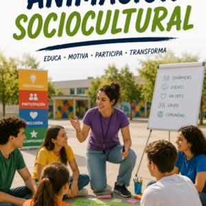 Facilitadora desarrollando una actividad de animación sociocultural con un grupo de jóvenes en un entorno participativo y educativo.
