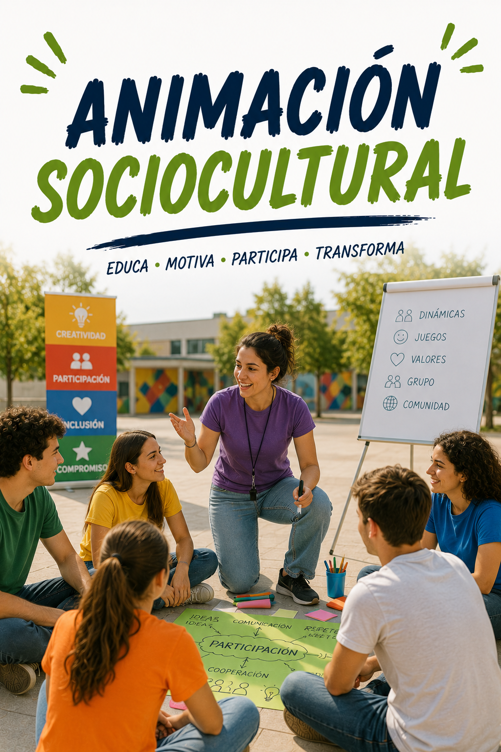 Facilitadora desarrollando una actividad de animación sociocultural con un grupo de jóvenes en un entorno participativo y educativo.