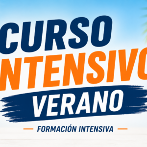 Diseño promocional de un curso intensivo de verano con elementos educativos, libros y temática veraniega orientada a la formación acelerada.