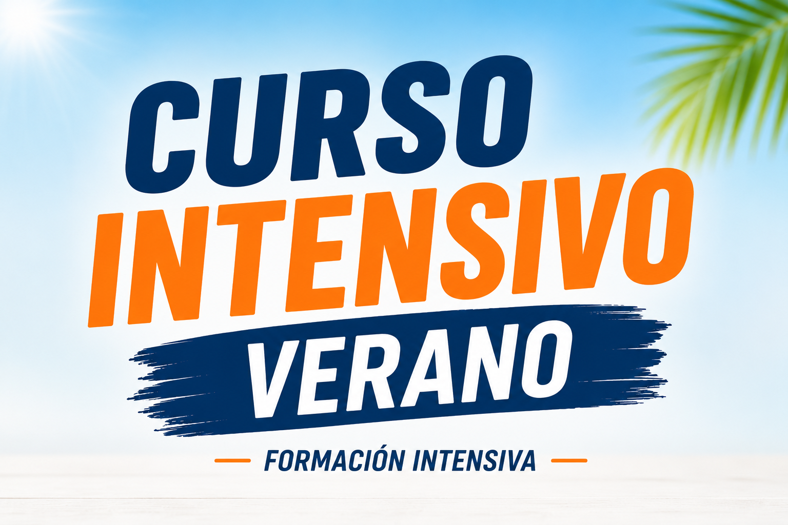 Diseño promocional de un curso intensivo de verano con elementos educativos, libros y temática veraniega orientada a la formación acelerada.