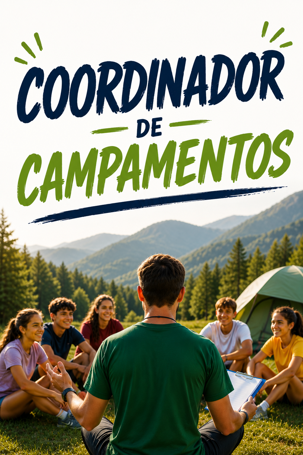 Coordinador de campamentos organizando una actividad grupal con jóvenes en un campamento al aire libre.