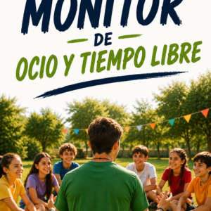 Monitor de ocio y tiempo libre realizando actividades con un grupo de niños sentados en círculo en un parque.