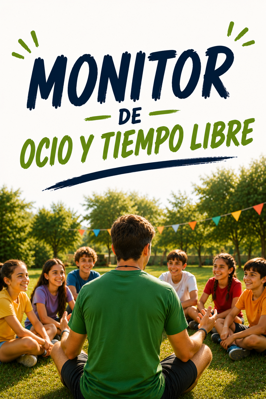 Monitor de ocio y tiempo libre realizando actividades con un grupo de niños sentados en círculo en un parque.